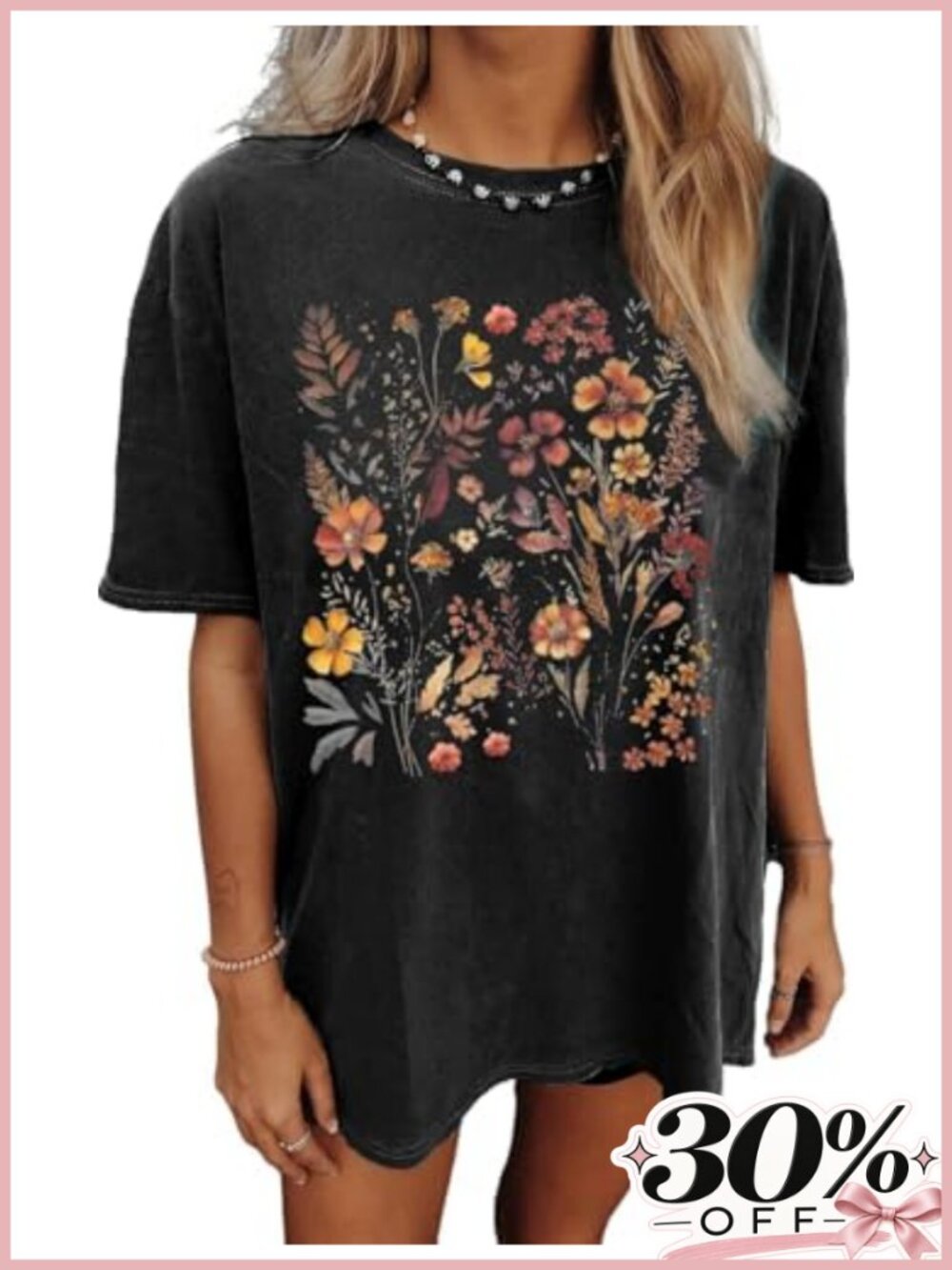 Oversized Flower Graphic Tee Women's Short Sleeve Casual Loose Summer Country
